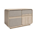 **Titel in het Nederlands: Modern houten dressoir met gestoffeerde fronten**