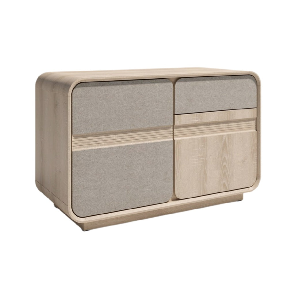**Titel in het Nederlands: Modern houten dressoir met gestoffeerde fronten**
