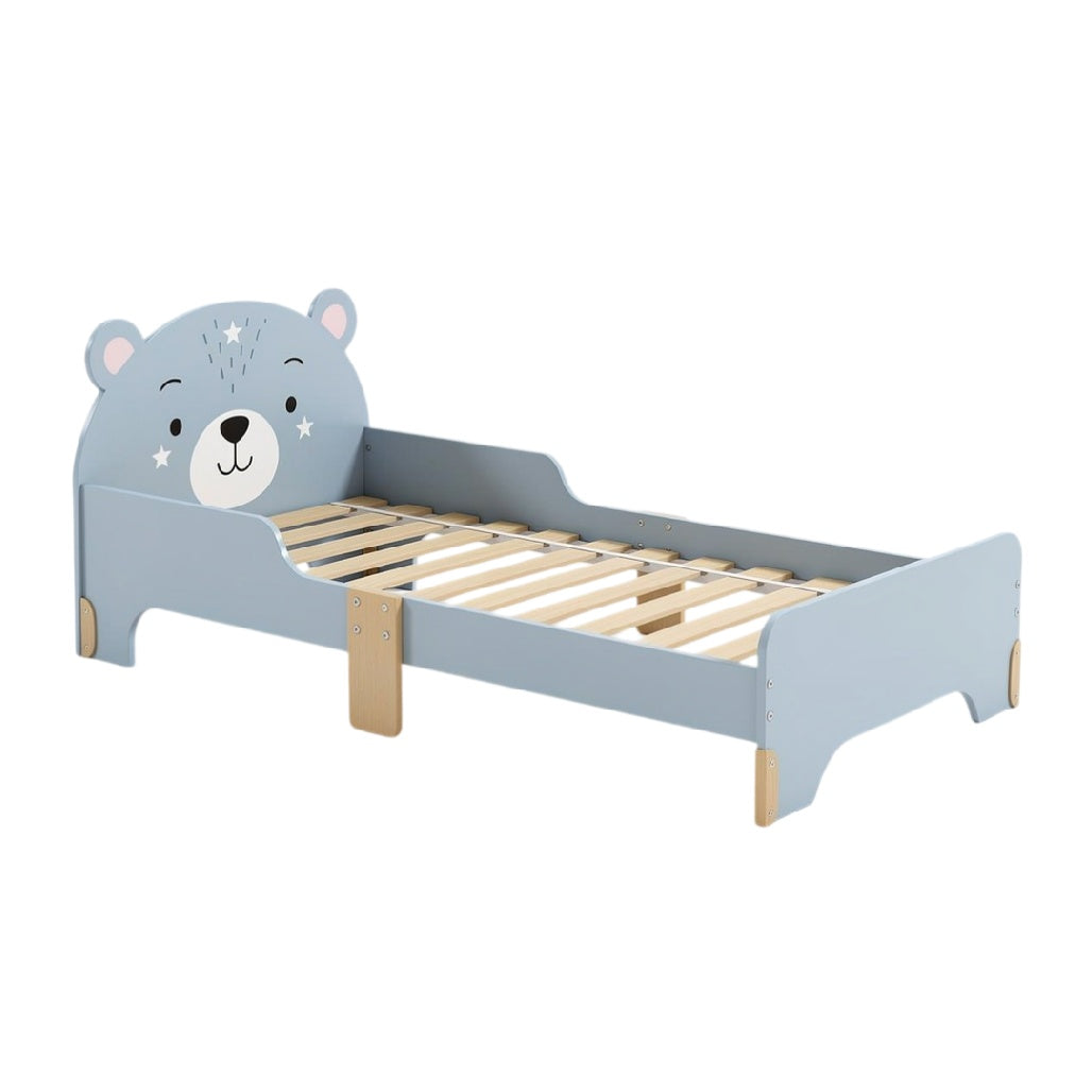 **Technische titel in het Nederlands: Schattig blauw peuterbed met berenkop**